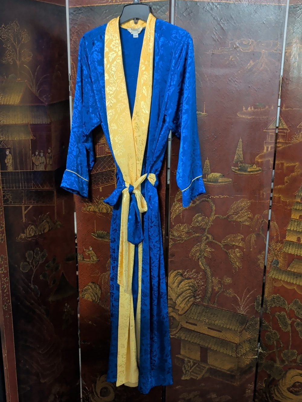 VTG 80s Christian Dior Loungewear Satin Jacquard Robe Blue Gold Petite